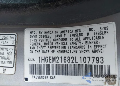 2002 Honda Civic Lx z USA, uszkodzony, nr VIN 1HGEM21682L107793